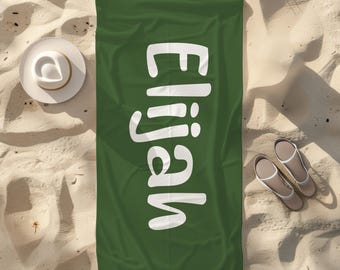 Toalla de playa personalizada con nombre personalizado / Toalla de piscina infantil con letra llamativa / Regalo de cumpleaños y vacaciones de verano / Toalla con nombre en rosa oliva mostaza para niñas