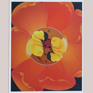 Può includere: Un'illustrazione stilizzata di un'ape con strisce gialle e nere all'interno di un fiore rosso con accenti arancioni e gialli.