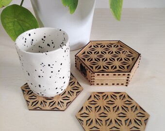 Set of six Hexagonal Wooden Coasters with Box