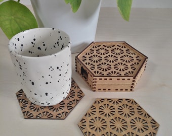 Set of six Hexagonal Wooden Coasters with Box