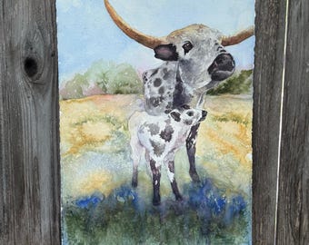 Original Texas Longhorn Watercolor Painting, Rustic Cow Calf Art, Farmhouse Ranch Decor