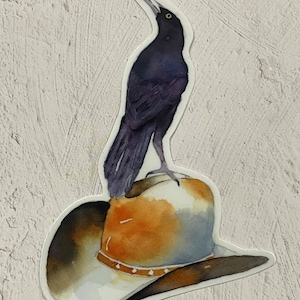 Grackle on Cowboy Hat Sticker, Texas Theme Art, Vinyl Decal