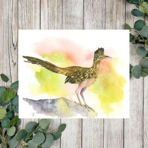 May include: Watercolor painting of a roadrunner bird. The bird is brown and black with a long tail and a spiky crest. It stands on a gray rock against a background of yellow, orange, and green watercolor washes. The artwork is on white paper.