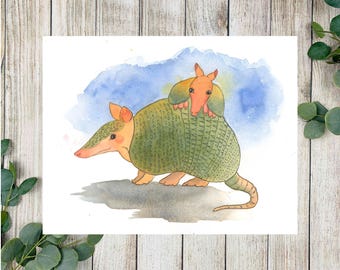 Armadillo Nursery Art Watercolor 8"x10" Print, Texas Themed Kids Room Art, Baby Shower Gift, Baby Animal Decor