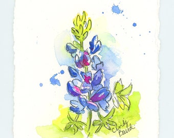 Bluebonnet original mini watercolor ready to frame