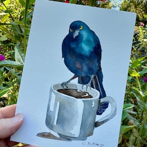 Grumpy Coffee Grackle Watercolor Art Print