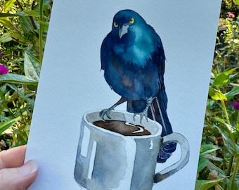Grumpy Coffee Grackle Texas Theme Watercolor Art Print