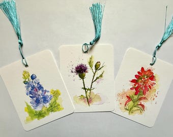 Texas Wildflower Watercolor Bookmarks: Set of Three, Individual Gift Packaging