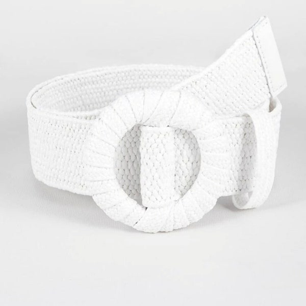 White woven belt, White summer belt, White straw belt, White dress belt, Round buckle woven belt, Stretch woven belt, summer woven belt