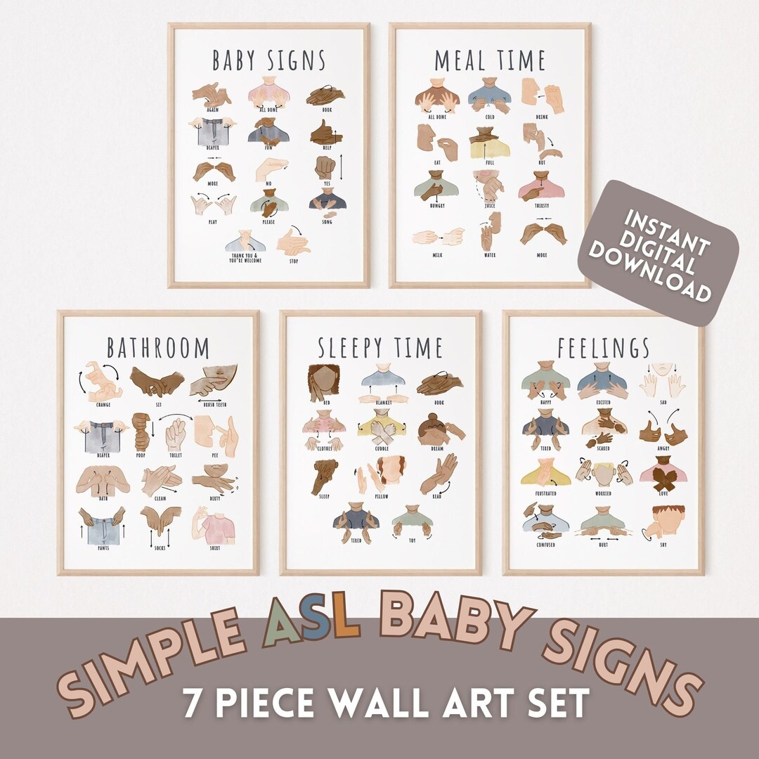 Simple Starting ASL Signs Printable Baby Toddler Kids Prints Education Poster Playroom Daycare