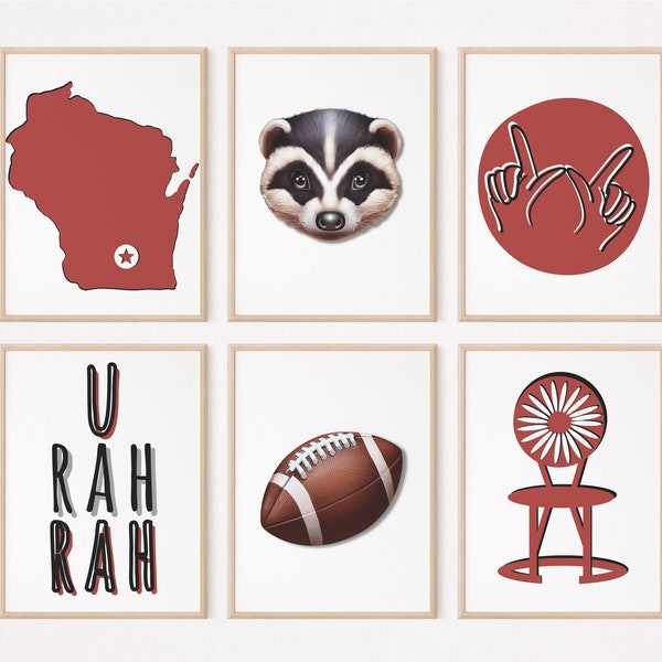 Set mit 6 UW Madison-Drucken, Wisconsin Badgers, Wandkunst, druckbares Dekor, Sportthema, Fußballsaison, Keller