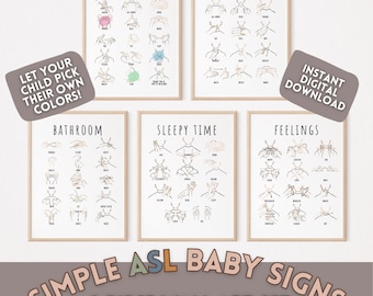 Simple Starting ASL Signs Printable Baby Toddler Kids Prints Education Playroom Daycare Classroom Coloring Page Black and White Outline