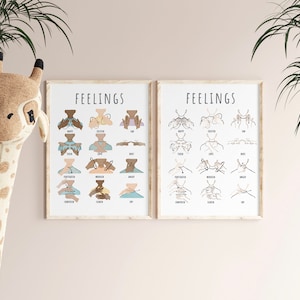 Set van 2 gevoelens en emoties babygebarentaal print starten ASL tekenen afdrukbare peuter kind onderwijs poster speelkamer kinderdagverblijf klaslokaal