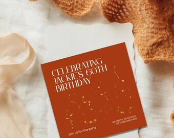 Orange und Gold 60. Geburtstagseinladung • Canva-Vorlage (Digitaler Download)