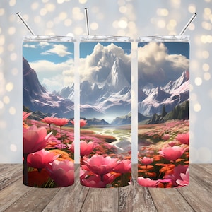 Pink Flowers Mountain Landscape Tumbler Wrap 20 oz Skinny Tumbler Sublimation Design, Straight Tapered Tumbler Wrap, Instant Download PNG