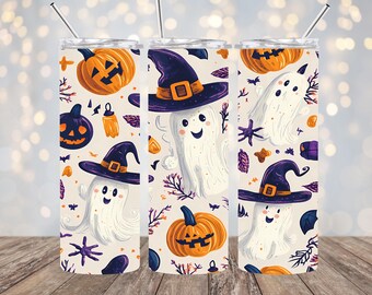 May include: Three stainless steel tumblers with a Halloween theme. The tumblers feature a white background with a repeating pattern of ghosts, pumpkins, bats, and witches' hats. The ghosts are white with black eyes and smiles, the pumpkins are orange with black jack-o'-lantern faces, the bats are black, and the witches' hats are purple with black buckles.
