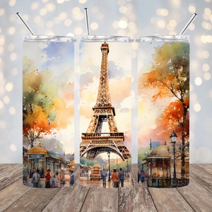 Watercolor Eiffel Tower Landscape Tumbler 20 oz Skinny Tumbler Sublimation Design Straight & Tapered Tumbler Wrap Instant Download PNG