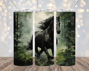 Aquarell schwarzes Pferd laufend Wald Tumbler Wrap 20 Unzen Skinny Tumbler Sublimation Design Gerade Tapered Tumbler Wrap Sofortiger Download PNG