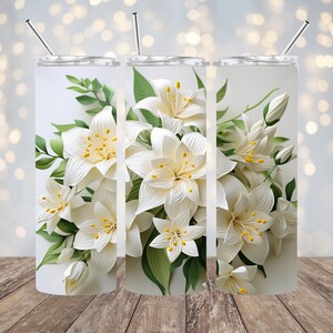 3D White Lilies Flower Tumbler Wrap 20 oz Skinny Tumbler Sublimation Design Straight Tapered Tumbler Wrap Instant Digital Download PNG