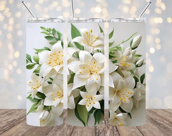 3D witte lelies bloem Tumbler Wrap 20 oz mager Tumbler sublimatie Design rechte taps toelopende Tumbler Wrap Instant Digitale Download PNG