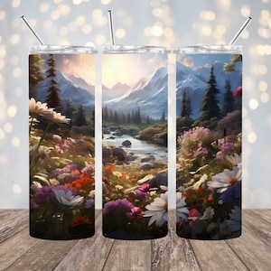 Daisies Flowers Mountain Landscape Tumbler Wrap 20 oz Skinny Tumbler Sublimation Design, Straight Tapered Tumbler Wrap, Instant Download PNG