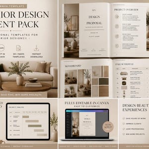 Puede incluir: Una plantilla digital de paquete para clientes de diseño de interiores con una paleta de colores beige. El diseño incluye una propuesta de proyecto, un moodboard y un cronograma. El texto incluye Interior Design Client Pack.