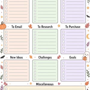 May include: A Brain Dump planner page featuring a Halloween theme with ghosts, pumpkins, bats, and autumn leaves. It includes nine sections labeled To Do, To Call, To Text, To Email, To Research, To Purchase, New Ideas, Challenges, Goals, and Miscellaneous.