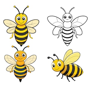 May include: Four cartoon bees, two are yellow and black with smiling faces, two are black outlines with smiling faces.
