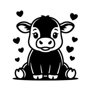 May include: A black and white cartoon illustration of a calf sitting down, surrounded by black hearts. The calf has large eyes and a friendly expression. The image is a simple, graphic design.