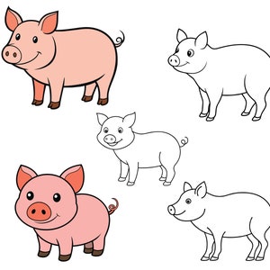 May include: A set of four cartoon pig illustrations. Two pigs are pink and two are black and white outlines. The pigs are in various poses, including standing, walking, and lying down.