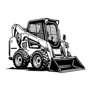 Può includere: Illustrazione in bianco e nero di una minipala. Il veicolo da costruzione compatto presenta una benna, una cabina chiusa con un motivo a griglia e pneumatici grandi e robusti. L'immagine è una vista laterale dettagliata dell'attrezzatura pesante.