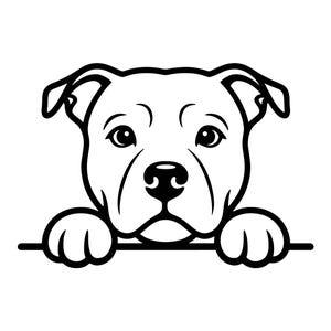 May include: A black and white illustration of a dog's face and paws. The dog has a round face, floppy ears, and a black nose. The paws are resting on a horizontal line, giving the impression that the dog is peeking over something.