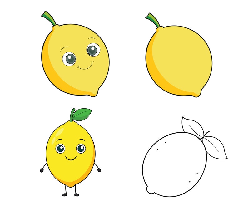 May include: Four illustrations of lemons, two with a smiling face and two without. The lemons are yellow with green leaves and stems. One lemon is a cartoon character with arms and legs.