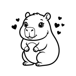 Könnte beinhalten: Schwarz-weiße Cartoon-Illustration eines lächelnden Capybaras. Mehrere schwarze Herzformen umgeben das Capybara, was Zuneigung suggeriert. Das Bild hat ein einfaches, klares Design.