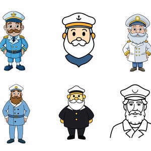 Può includere: Sei illustrazioni di marinai dei cartoni animati in varie pose. I marinai indossano uniformi blu e bianche, cappelli e hanno la barba. Un'illustrazione è un contorno in bianco e nero.