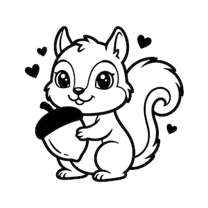 May include: A black and white cartoon illustration of a cute squirrel holding an acorn. The squirrel has large eyes and a fluffy tail, with three small hearts floating nearby. The image is a simple, clean design.