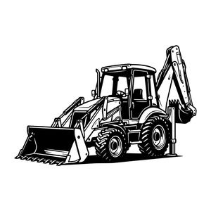 May include: Black and white illustration of a backhoe loader. The heavy equipment features a front bucket, rear excavator arm, and large tires. The design is a detailed, stylized representation of a construction vehicle.