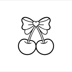 May include: A black and white line art illustration of two cherries connected by stems to a central bow. The bow features a small heart shape at its centre. The design is rendered with clean, bold outlines against a plain white background.