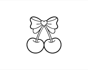 Sweet Cherry Heart Bow SVG PNG, Cute Cartoon Cherries Outline Cricut Cut File, Fruit Clipart Digital Download