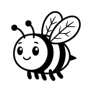 May include: A black and white cartoon bee illustration. The bee has a round body with black and white stripes, large eyes, and a smiling mouth. It has two antennae and two wings with leaf-like details.