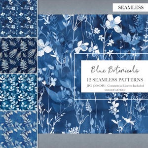Puede incluir: Doce patrones digitales sin costuras con ilustraciones botánicas azules. Los patrones son en tonos azules con diseños florales blancos. El texto "Blue Botanicals 12 Seamless Patterns JPG | 300 DPI | Commercial License Included COLORFLUENCER" está en la parte inferior de la imagen.