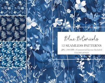 Patrones sin costuras de flores y hojas / Botánicos azules / Papeles digitales / Diseños de sublimación / Naturaleza, Floral, Estampado azul, Cianotipia