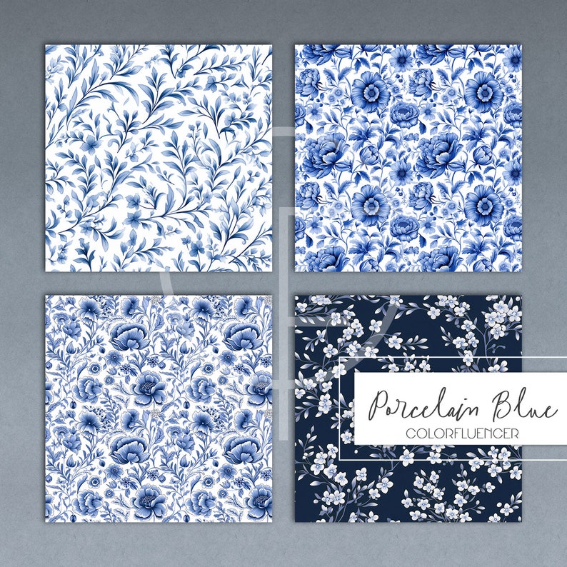 May include: Four digital paper patterns featuring blue and white floral designs. The patterns include a delicate floral design, a larger floral design, a smaller floral design, and a floral design on a dark blue background. The text "Porcelain Blue COLORFLUENCER" is visible in the bottom right corner.