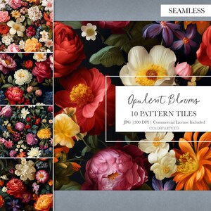 Könnte beinhalten: Ein nahtloses Muster mit einem lebendigen Blumendesign mit roten, rosa, weißen, gelben und orangefarbenen Blumen auf schwarzem Hintergrund. Das Muster trägt den Titel "Opulent Blooms" und umfasst 10 Musterkacheln. Das Bild ist mit "JPG | 300 DPI | Kommerzielle Lizenz inklusive" und "COLORFLUENCER" gekennzeichnet.