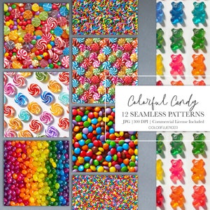 Modèles sans couture de bonbons | Bonbons colorés | Arrière-plans | Papiers numériques | Couleurs arc-en-ciel | Des designs pour la sublimation, des arrière-plans et plus encore