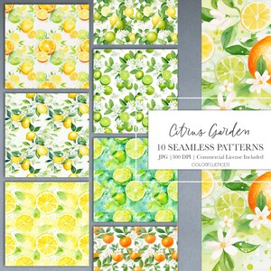 May include: Ten watercolor seamless patterns featuring citrus fruits, including lemons, limes, and oranges. The patterns are on a white background with green leaves and white flowers. The text "Citrus Garden 10 Seamless Patterns JPG | 300 DPI | Commercial License Included COLORFLUENCER" is at the bottom of the image.