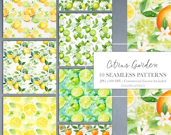Citrus Seamless Patterns | Lemon, Orange and Lime  | Digital Papers | Printable | Sublimation Designs | Fruits Backgrounds