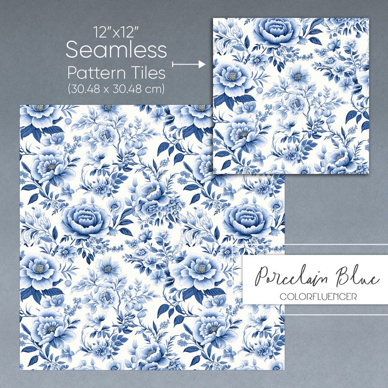 May include: A seamless 12-inch by 12-inch tile pattern featuring a blue and white floral design. The pattern is called "Porcelain Blue" and is a Colorfluencer design.