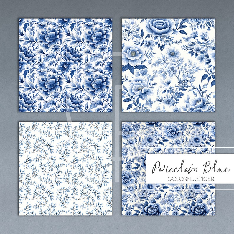 May include: Four digital paper patterns featuring blue and white floral designs. The patterns include large and small flowers, leaves, and branches. The text "Porcelain Blue COLORFLUENCER" is in the bottom right corner.