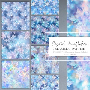 Może przedstawiać: Dwunastu wzorów bez szwów z tęczowymi kryształowymi płatkami śniegu na niebieskim tle. Tekst "Crystal Snowflakes 12 Seamless Patterns JPG | 300 DPI | Commercial License Included COLORFLUENCER" znajduje się na dole obrazu.